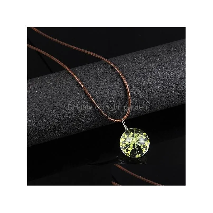 Pendant Necklaces Trransparent Round Dired Flower Glass Pendant Leather Necklace For Women Lovey Long Extendable Chain Jewel Dhgarden Dhl31