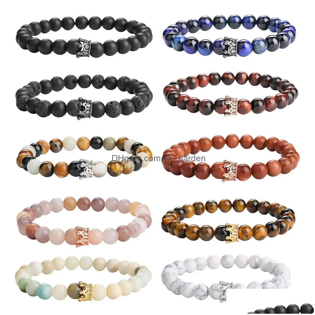 Beaded Newest Lava Beaded Bracelet Women Men Fashion Crown Charm Tiger Eyes Agate Natural Stone Healing Ncing 8Mm Beads Bra Dhgarden Dhcy7