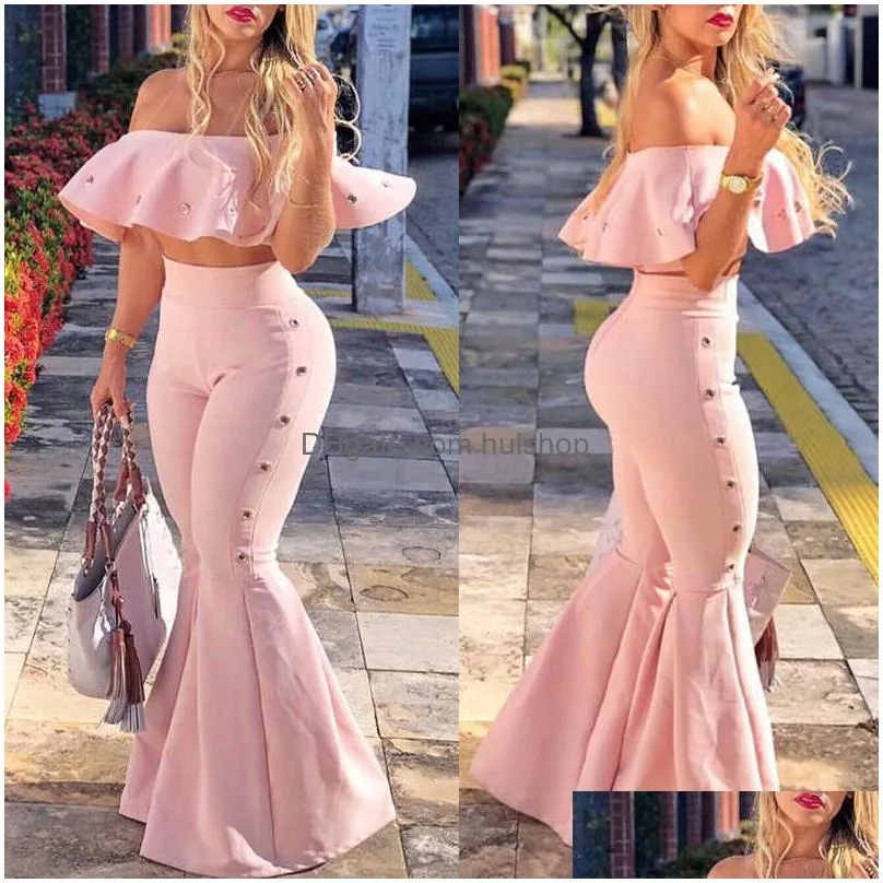 women two piece outfits off shoulder ruffle crop tops and flare pants 2 piece set summer club party festival set 210721