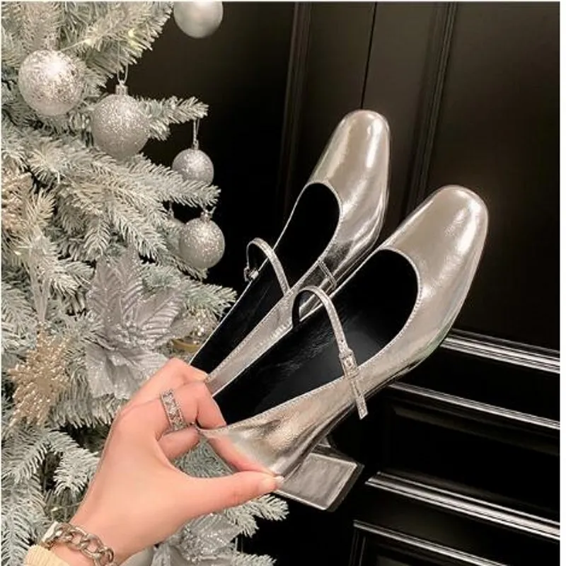 New Style White Black Silver Mary Jane Shoes for Women Fashion Genuine Leather Lady Party Dress Shoes