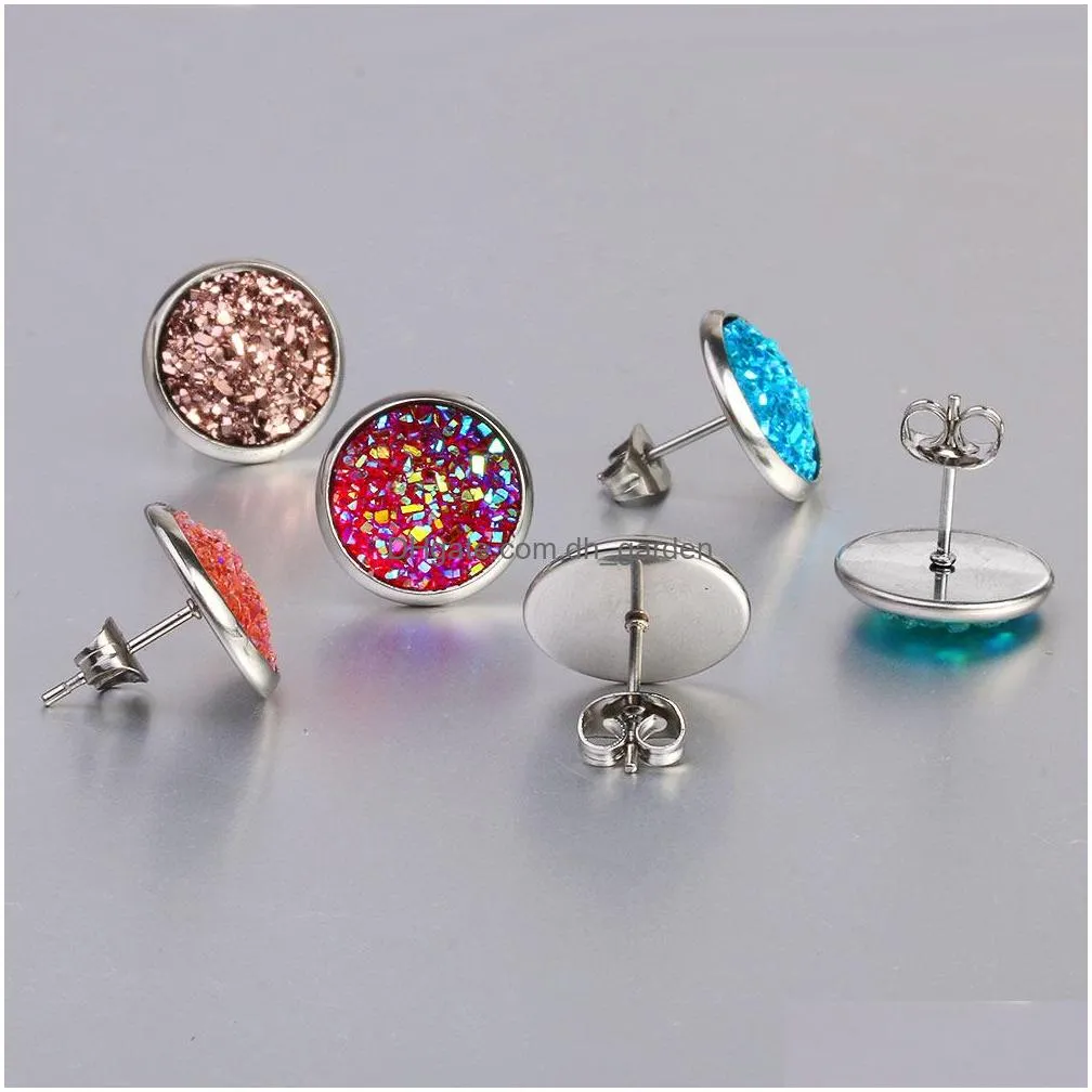 Stud 1 Pairs 16 Colors Cute Round Stud Earrings For Women Stainless Steel Colorf Drusy Resin Cluster Fashion Jewelry Drop D Dhgarden Dhnis