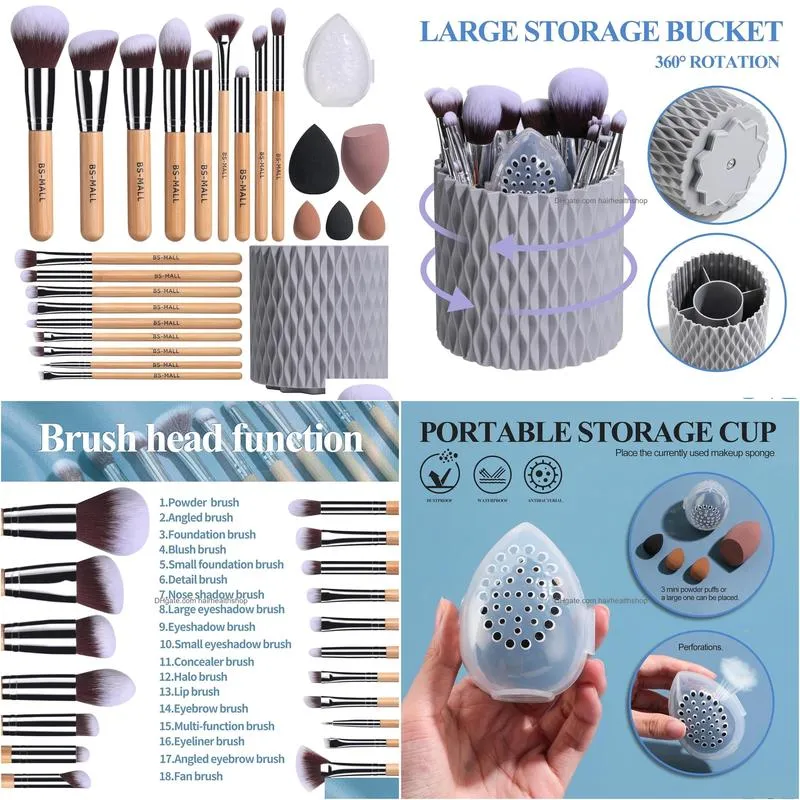 Makeup Brushes Bs-Mall Makeup Brushes Bamboo Premium Synthetic Foundation Powder Concealers Eye Shadows 18 Pcs Brush Set With 5 Sponge Dhfuo