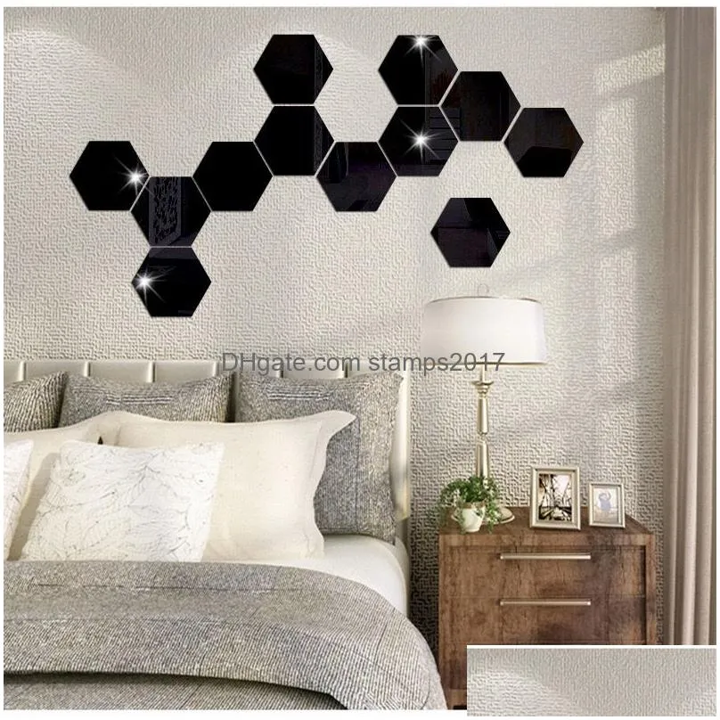 12pcs 3d regular hexagon home decorative acrylic mirror wall stickers living room bedroom poster decor rooms decoration