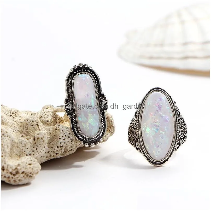 Cluster Rings New Arrival Big Vintage Opal 8 Pcs Knuckle Ring Set For Women Sliver Color Geometric Pattern Bohemian Style F Dhgarden Dhfqj