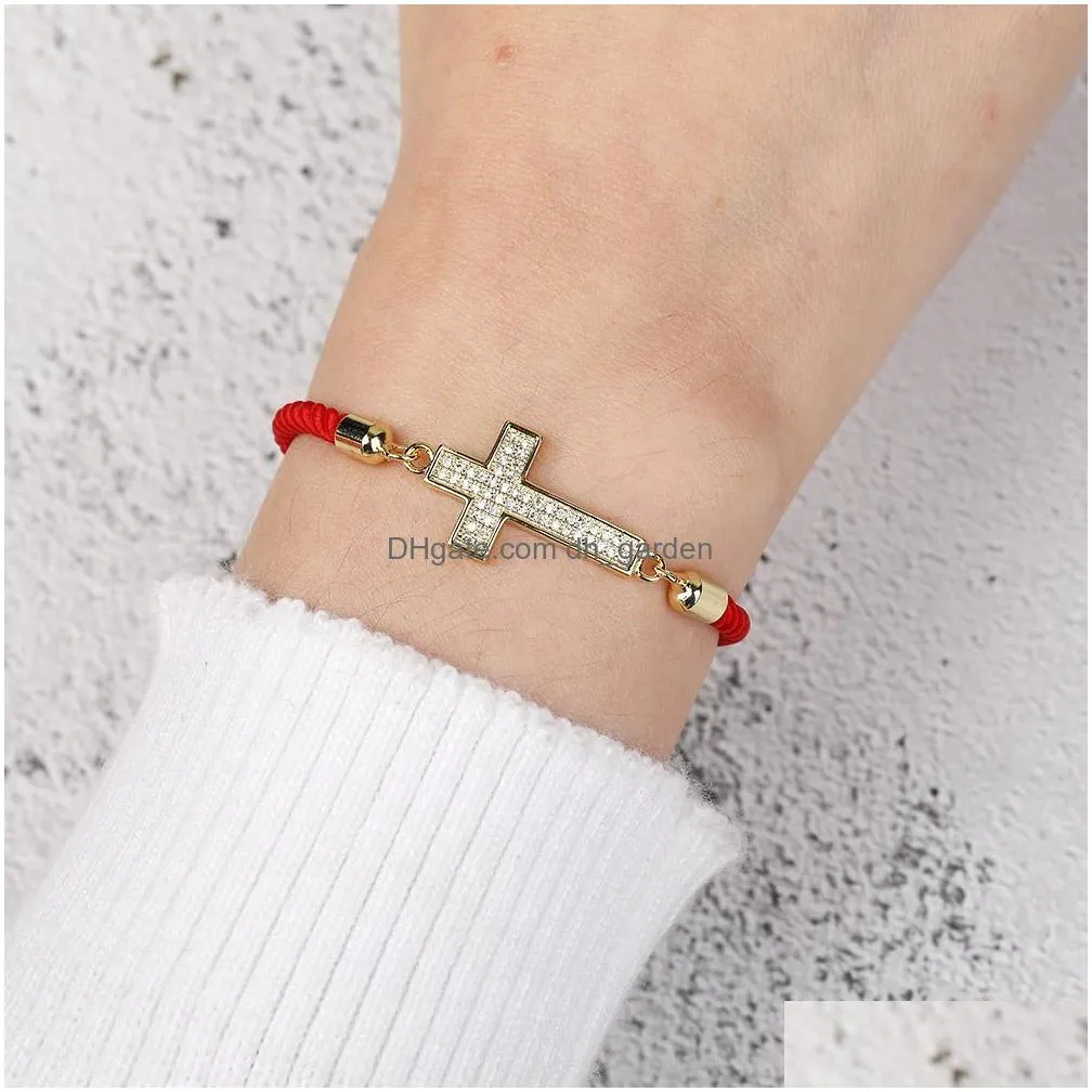 Chain Boho Ethnic Copper Zircon Cross Heart Charm Bracelet For Women Colorf Design Handmade Braided Rope Friendship Bracelets With Ca Dhgwa