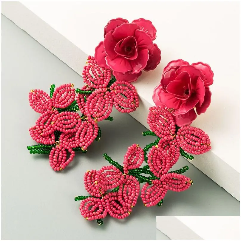Dangle & Chandelier New Esigner Drop Earrings Jewelry Personality Deep Pink Flower Beads Tassel Big Statement Fashion Party Women Dan Dhib1
