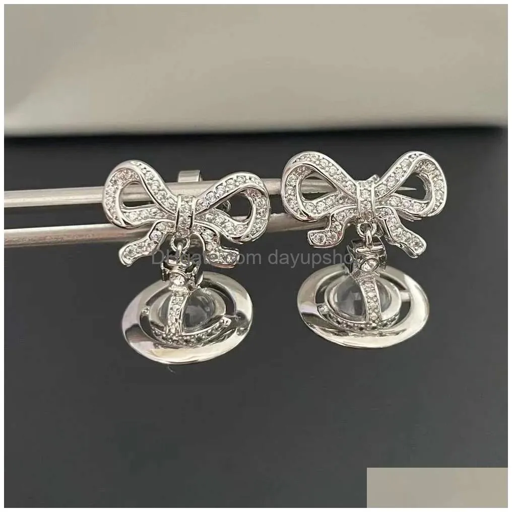 Quality Designer High Empress Dowager Xis Three-Nsional Bow Crystal Earrings Light Fashionable Temperament Simple Versatile And Drop Dh0Xd