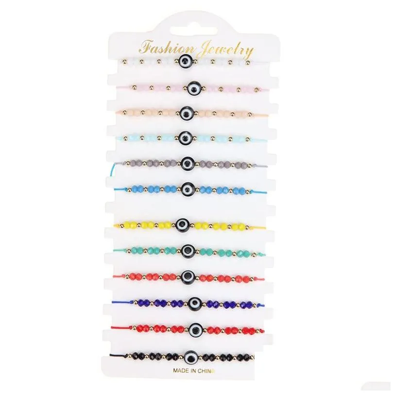 Charm Bracelets Blue Evil Eye Charm Bracelets 12Pcs/Set Fashion Jewelry Adjustable Crystal Rice Beads Card Wax Rope Braided Bracelet Dhnwr