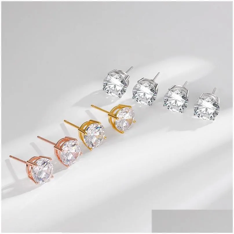 Stud 100% S925 Sterling Sier Studs Iced Out Round Cubic Zirconia Earrings 2.5 4 6 8Mm Cz For Men Women Fashion Luxury Diamond Hypoall Dhmiz