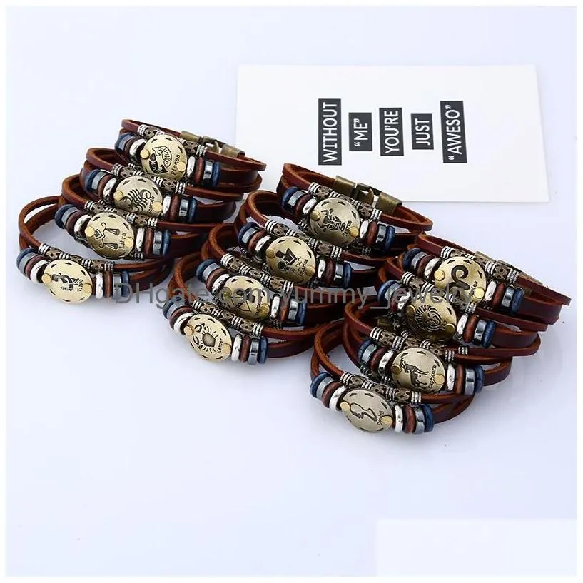 Charm Bracelets 12 Constellation Genuine Leather Bracelets For Women Men Vintage Brown Weave Punk Zodiac Sign Bead Handmade Charm Ban Dhzoc