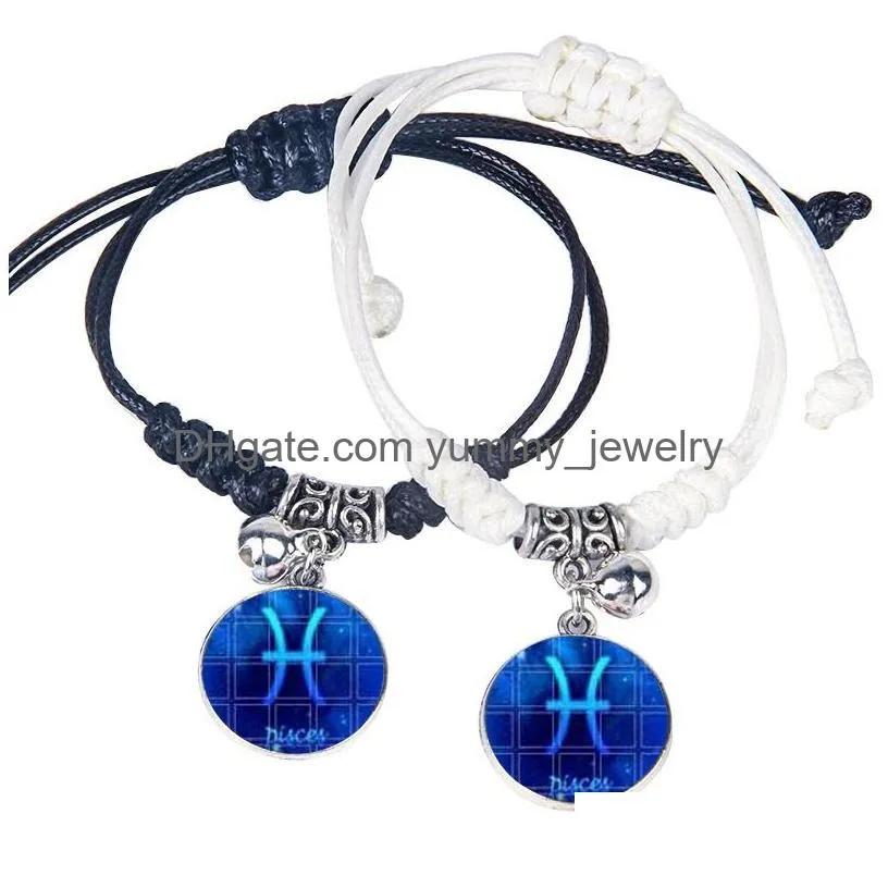 Charm Bracelets Charm Braided Leather Bracelets For Lovers Handmade Vintage Zodiac Sign 12 Constellation Men Women Rope Chain Jewelry Dhk8J