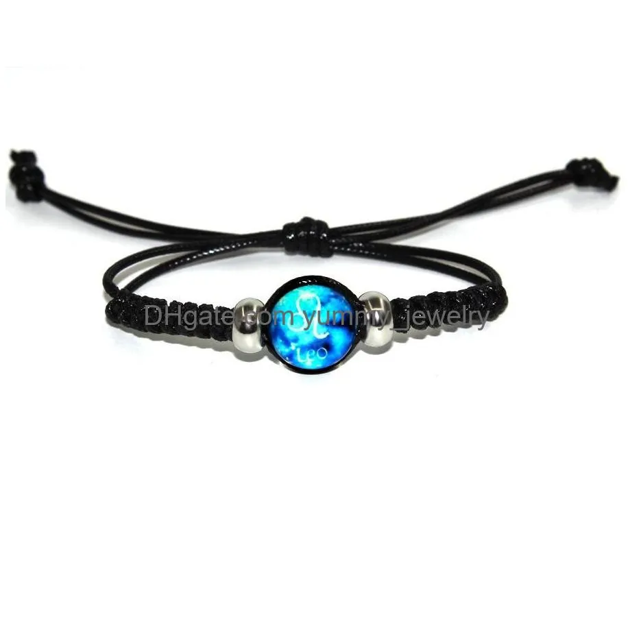 Charm Bracelets Fashion Hand Made Adjustable Leather Bracelets Black Rope Chain Luminous 12 Constellations Zodiac Signs Beads Bangle Dhqke