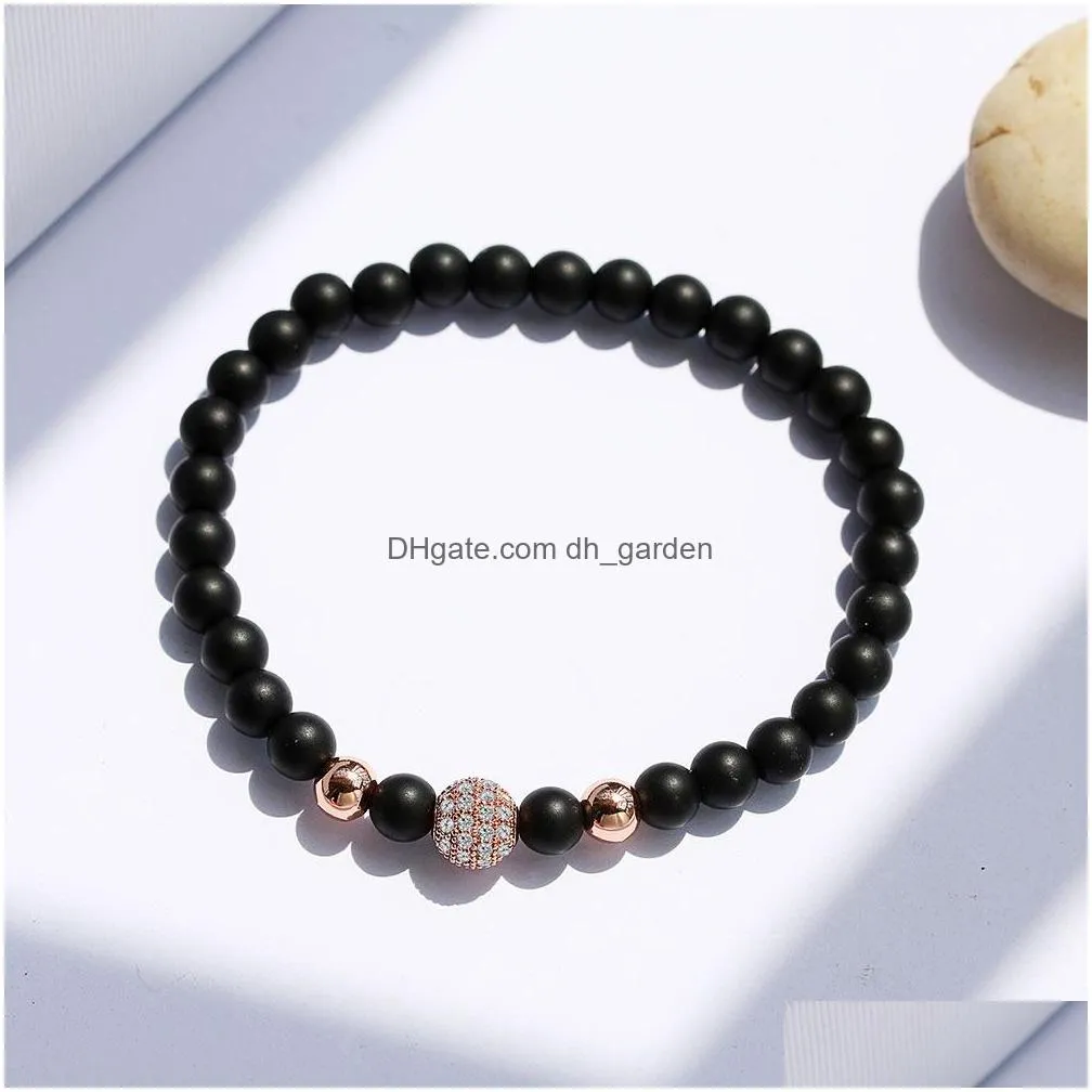 Beaded New Arrival 6Mm Matte Black Natural Stone Beads Elastic Bracelet Fashion Sliver Gold Color Copper Jewelry Charm For Men Drop D Dhq7Y