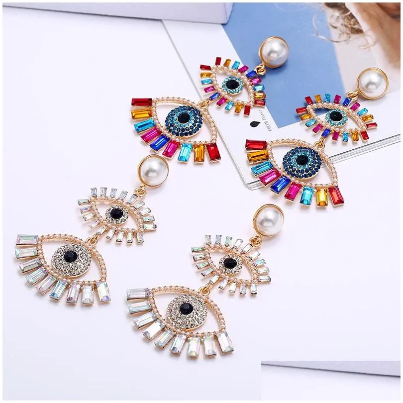 Dangle & Chandelier Iced Out Evil Eyes Earrings For Women Girls Fashion Designer Crystal Rhinestone Pearl Statement Drop Earring Dang Dhcqb