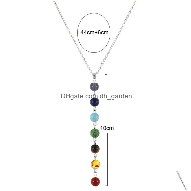 Pendant Necklaces Sier Color Simple Style 7 Chakra Mticolor Natural Stone Beads Pendant Necklace Long Chain For Women Charm Dhgarden Dhldb