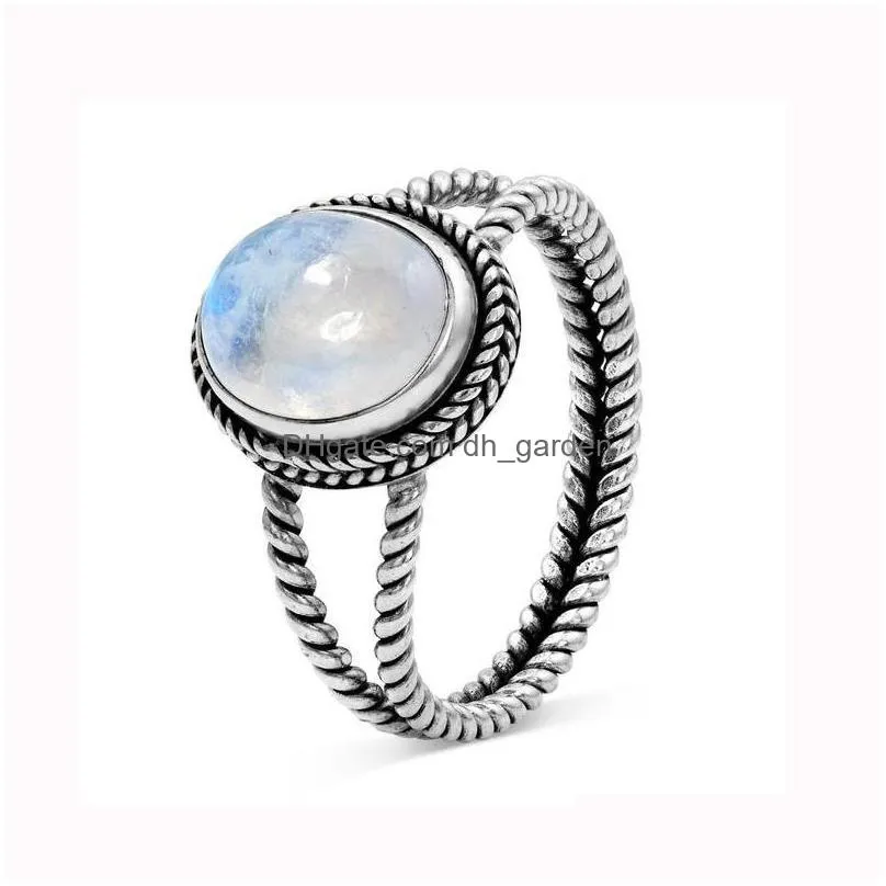 Cluster Rings Vintage Moonstone Rings For Women Antique Tibetan Sier Water Drop Round Crystal Ring Boho Indian Style Jewelry Girls La Dha1Y