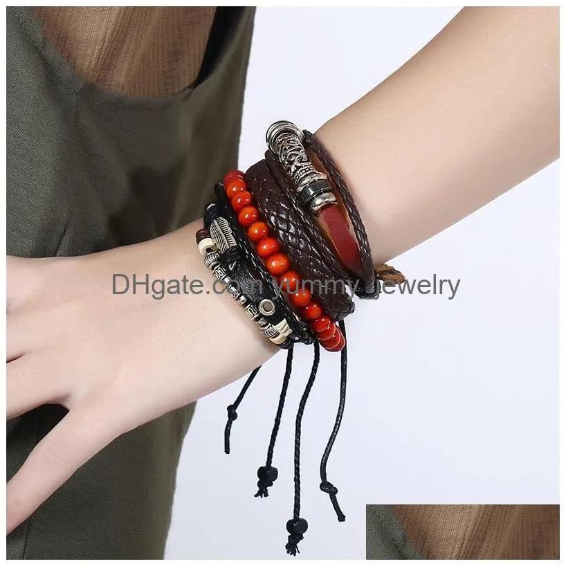 Charm Bracelets Vintage Punk Bracelets Fashion Alloy Genuine Leather Bangles Men Leaf Beads Strands For Jewelry Mtilayer Braided Wrap Dhr6O