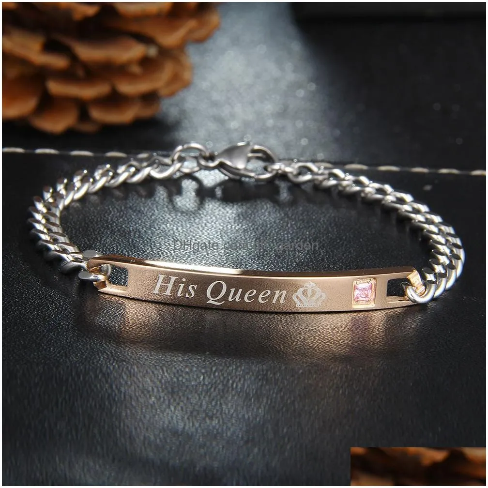 Charm Bracelets High Quality Titanium Steel Rose Gold Black Couple Bracelet For Women Men Adjustable Size Queen King Chain Dhgarden Dhdk0