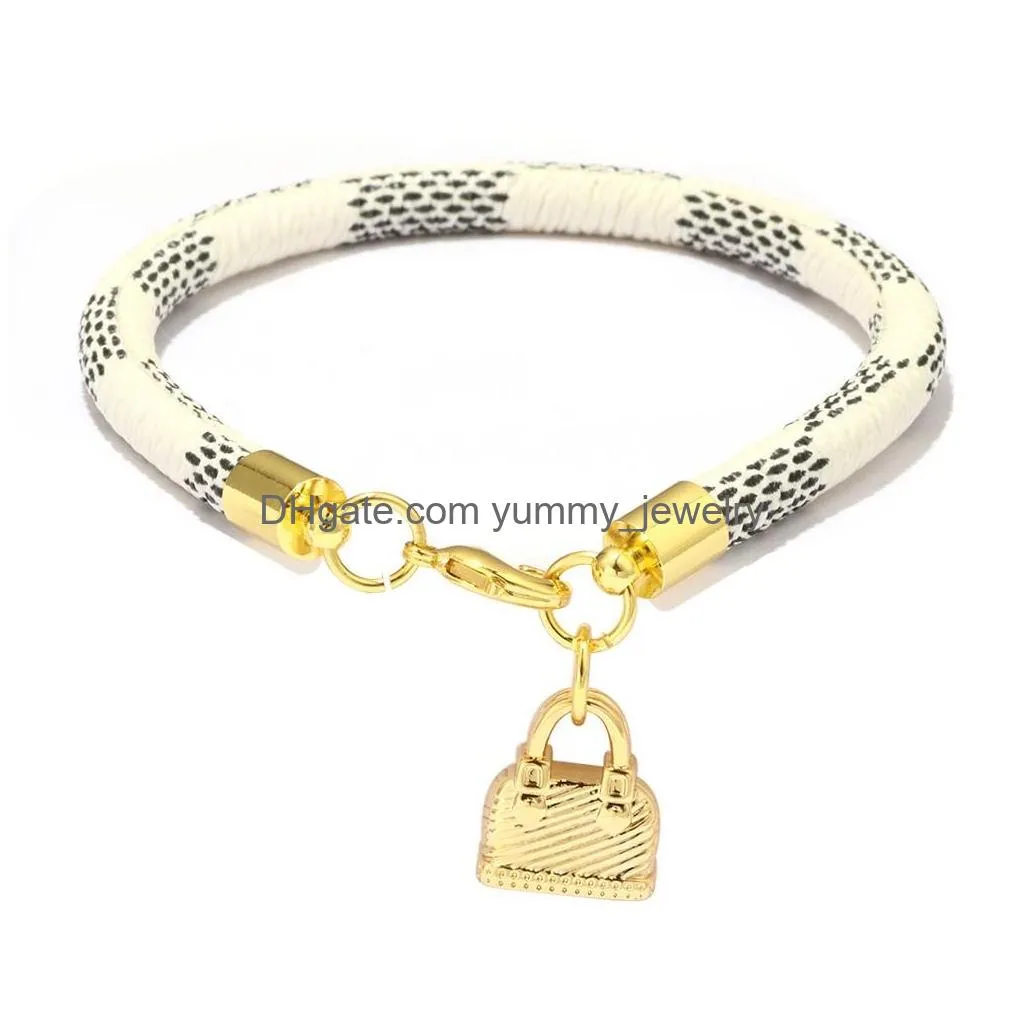 Charm Bracelets Brand Leather Charm Bracelets For Women Plaid Pu Real Gold Plated Heart Bag Pendant Lobster Clasp Design Bangle Fashi Dh9B5