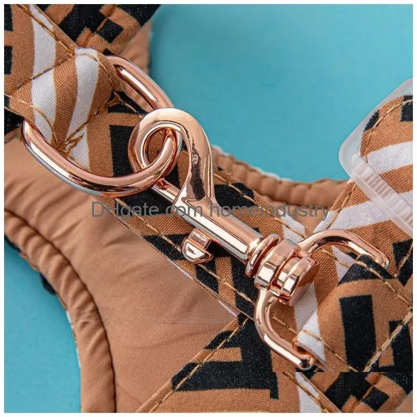 designer dog harness and leashes set classic letter pattern dogs harnesses no choke over-the-head soft cotton adjustable chest belt and quick-release small brown