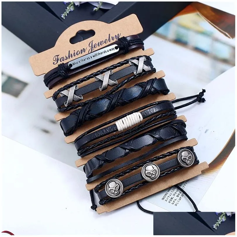 Charm Bracelets Skl Bracelets Jewelry Genuine Leather Black Bangle For Women Men Wrap Mtilayer Hand Rope Chains Fashion Alloy Cross B Dhdg9