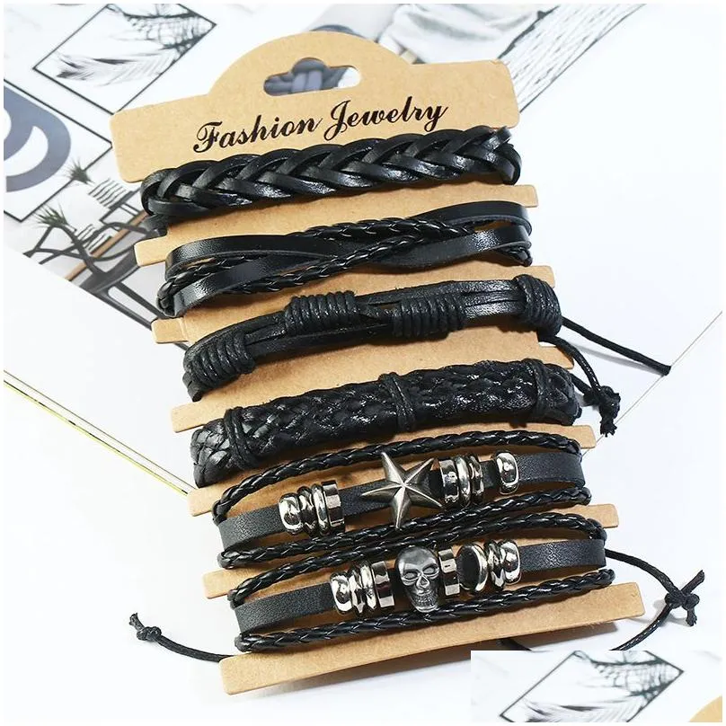 Charm Bracelets Star Bracelets Women Fashion Skl Woven Genuine Leather European Vintage Punk Charm Bangles Gift Men Braided Beads Jew Dhw9P