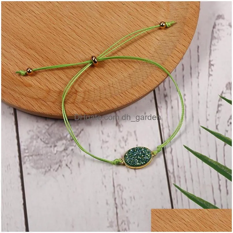 Charm Bracelets New Fashion Natural Resin Stone Oval Druzy Pendant Bracelet With Thanks Card Colorf String Braiding Bracelets For Men Dh8Pk