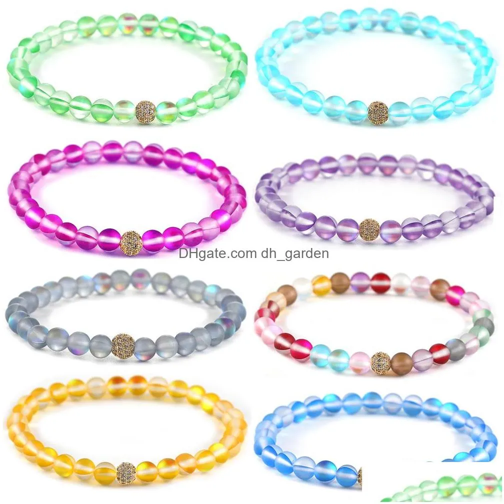 Beaded Fashion Glass Flash Stone Beaded Bracelet 8Mm 6Mm Dl Polish Frosted Colorf Moonstone Beads Zircon Copper Ball For Drop Deliver Dhydo