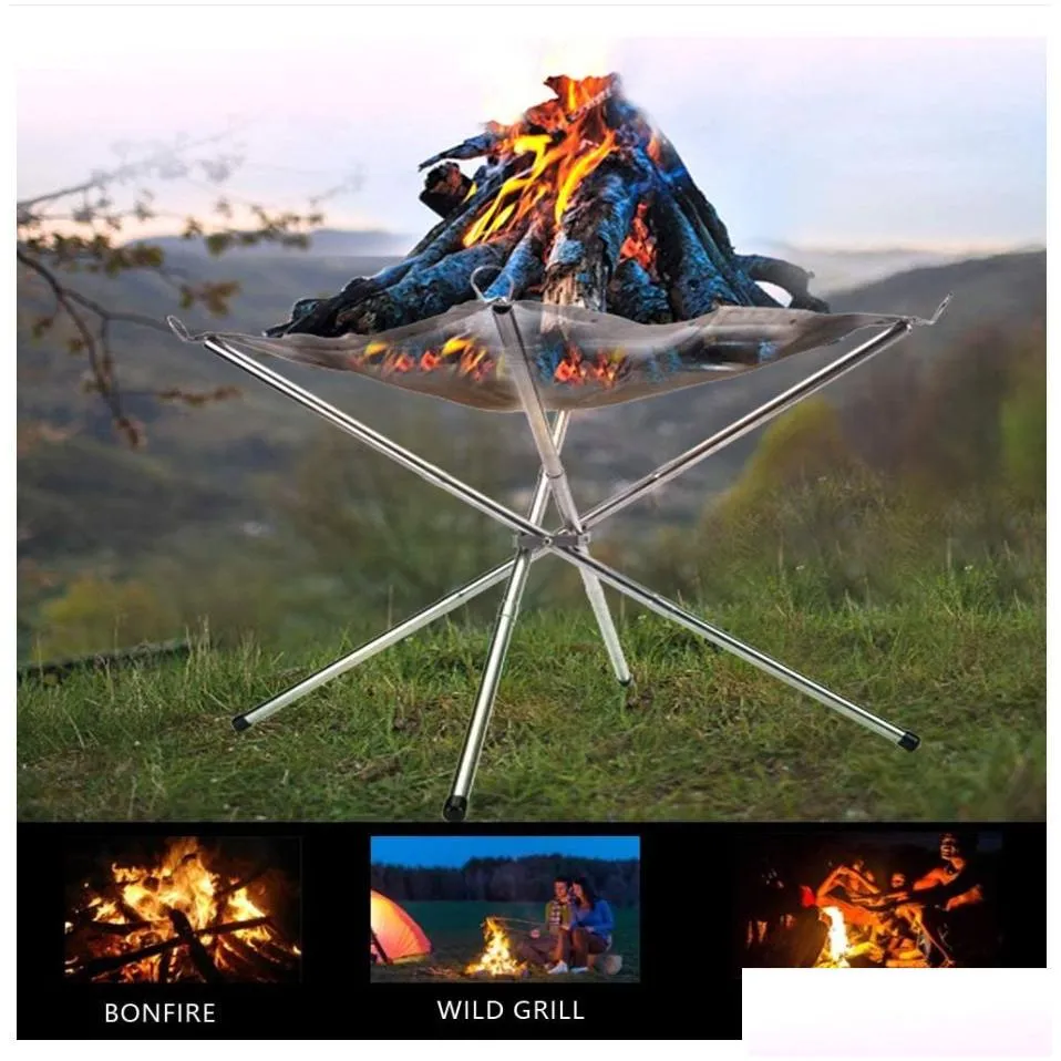 Other Kitchen, Dining & Bar Foldable Fire Pit Burning Rack Outdoor Cam Portable Stainless Steel Mesh Easy To Assemble With Drop Delive Dh5Hv