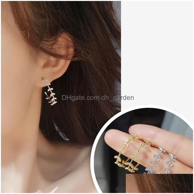 Hoop & Huggie High Quality C Shape Copper Inlaid Zircon Leaf Hoop Earrings For Women Korean Tree Branches 925 Sterling Sier Dhgarden Dhide