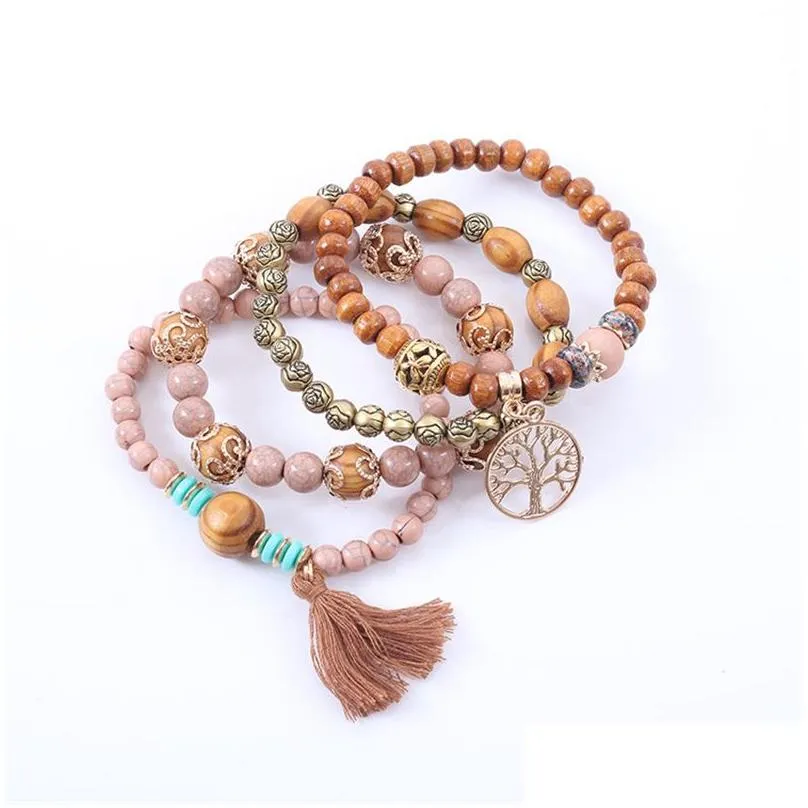 Beaded New Tree Life Charm Bracelet Wooden Bead Chain Bracelets For Women Men Handmade Fashion Rose Flower Alloy Strands Man Bohemian Dh3Y4