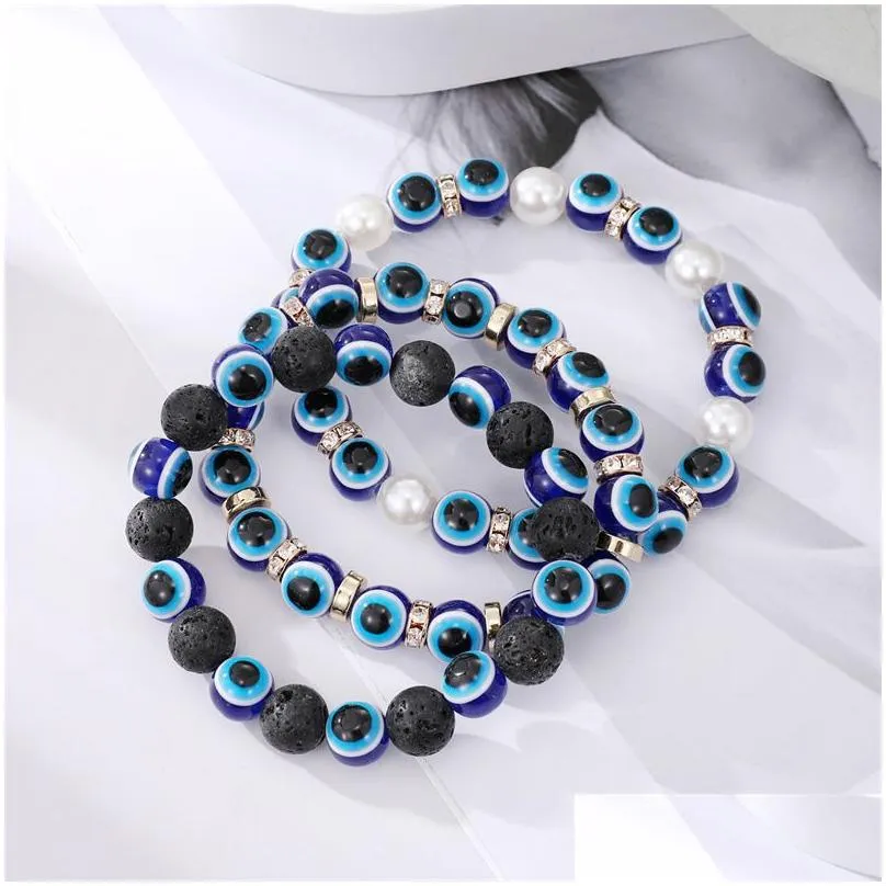 Beaded Turkish Lucky Evil Eye Bracelets Strands Bangle Imitation Pearls Blue Eyes Beaded Charm Bracelet For Women Men Couple Fashion Dhhp8