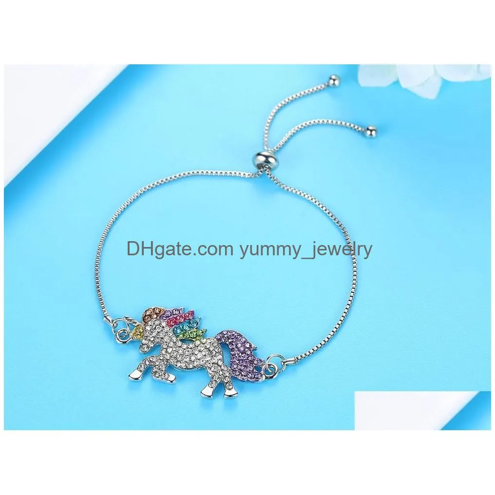 Charm Bracelets Rhinestone Charm Bracelets For Women Sier Gold Fashion Adjustable Diamond Horse Pendant Box Chain Girl Lady Gift Bang Dhcir