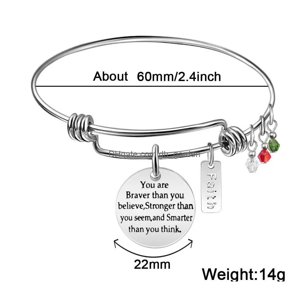 Bangle High Quality Inspirational Faith Pink Birthstone Charm Bracelet Bangle For Women 60Mm Expandable Stainless Steel Siz Dhgarden Dhwzb