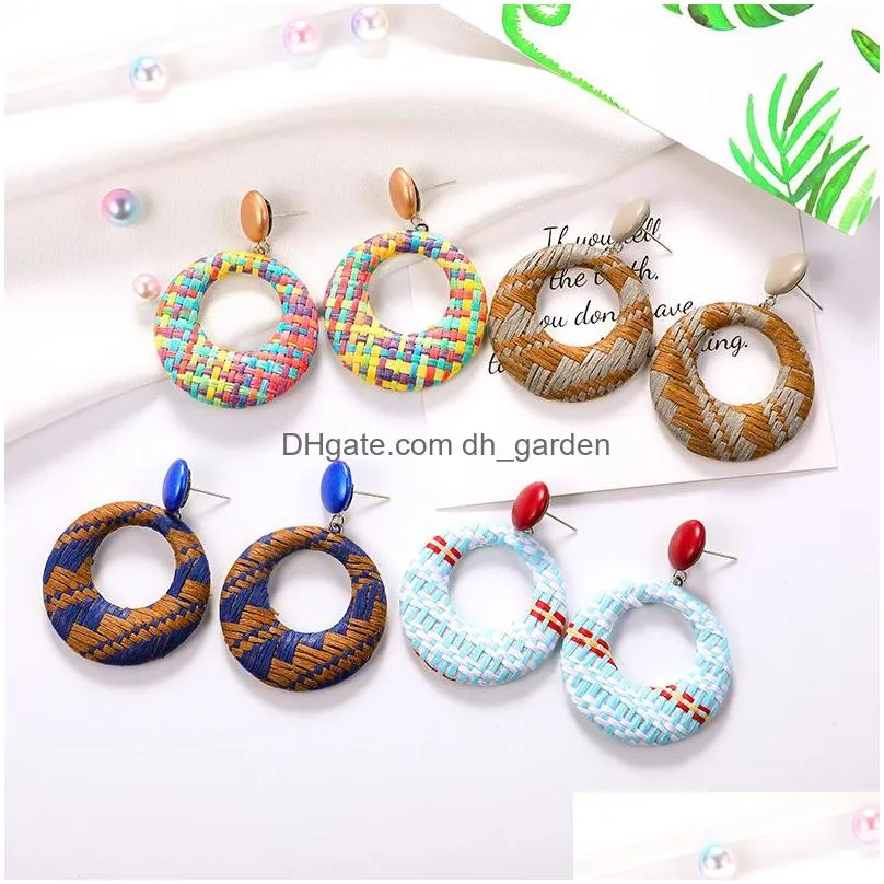 Dangle & Chandelier New Bohemian Round Geometric Raffia Dangle Earrings For Women Fashion Handmade Woven 6 Color Hoop Earring Jewelry Dhk17