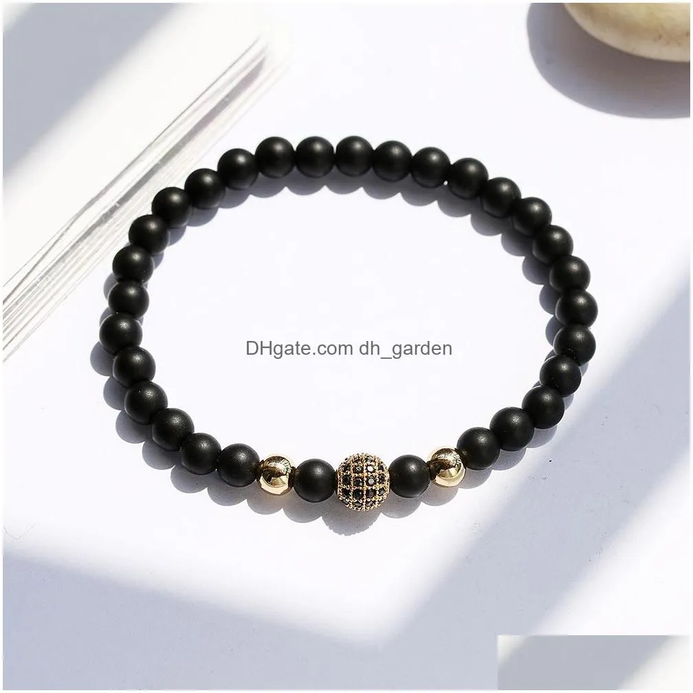 Beaded New Arrival 6Mm Matte Black Natural Stone Beads Elastic Bracelet Fashion Sliver Gold Color Copper Jewelry Charm For Men Drop D Dhq7Y