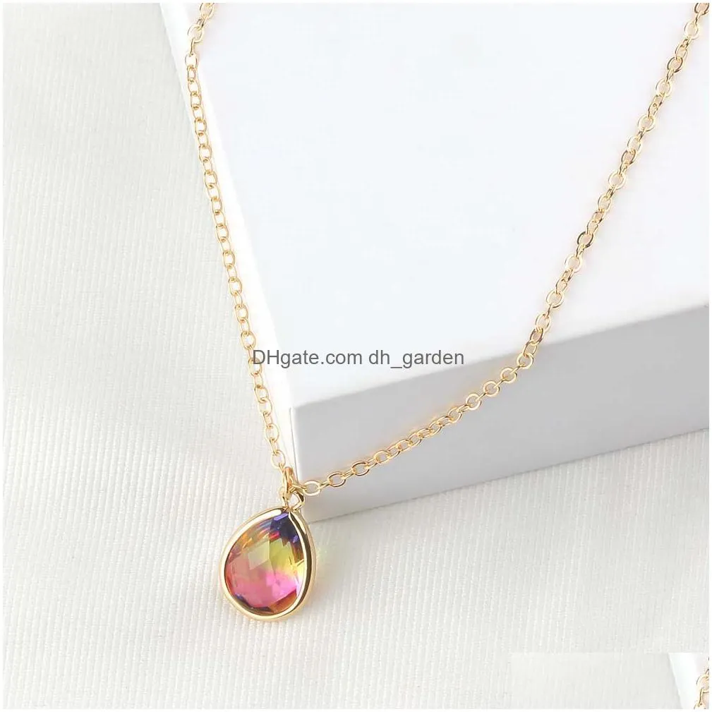 Pendant Necklaces Rainbow Gradient Color Teardrop Glass Crystal Pendant Necklaces For Women Gold Plating Adjusable Fashion W Dhgarden Dhdvh