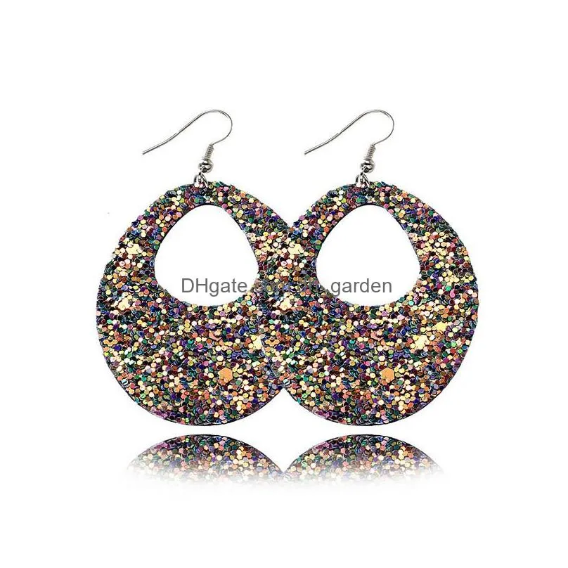 Dangle & Chandelier Fashion Design Rainbow Leather Earring Sparkly Sequins Teardrop Printing Dangle For Bohemian Jewelry Drop Deliver Dhtpv