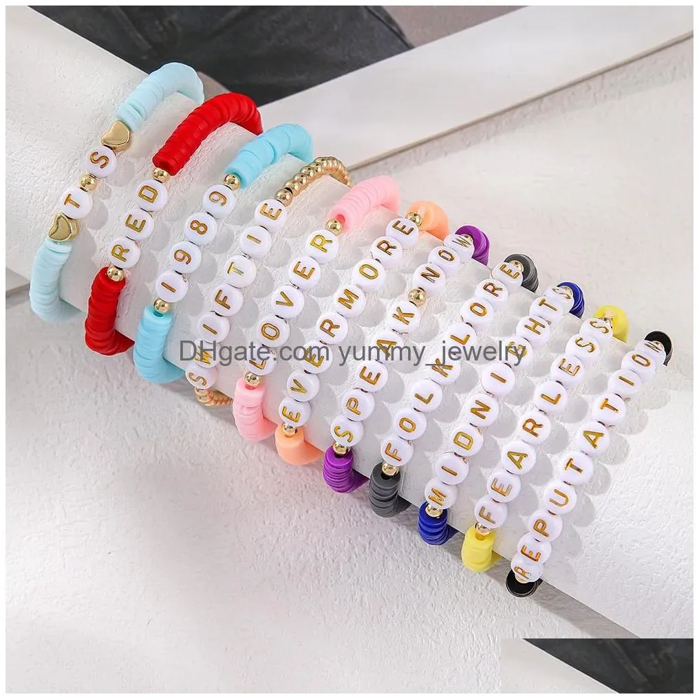 Beaded 11Pcs Taylor Swiftie Friendship Bracelets Set Surfer Heishi Beads Strands Fearless Letter Charm Stackable Soft Clay Boho Wrist Dhdgh