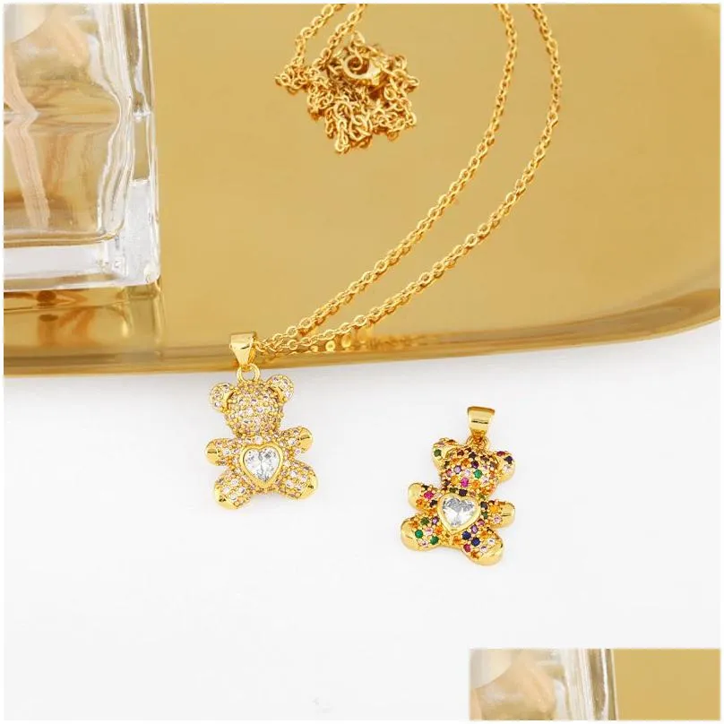 love heart teddy bear necklaces 18k gold plated iced out cz pendant fashion party jewelry gift women cubic zirconia rhinestone animal sweater statement