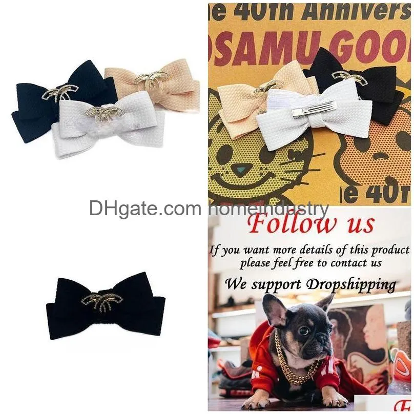 designer dog hair bow with classic letter pattern luxurious puppy hair bows cat topknot pet headdress with rhinestones dog grooming bowknot pet hair accessories