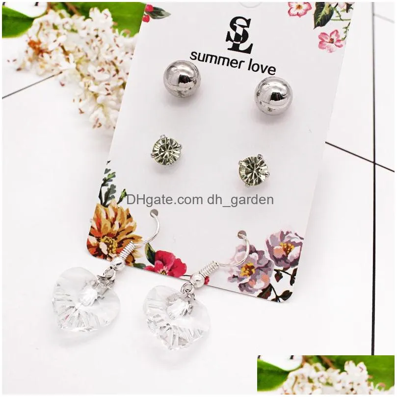 Stud High Quality Crystal Heart Dangle Earring Set For Women Ball Round Rhinestone Stud Trendy Jewelry With Gift Card Drop Delivery J Dhdct