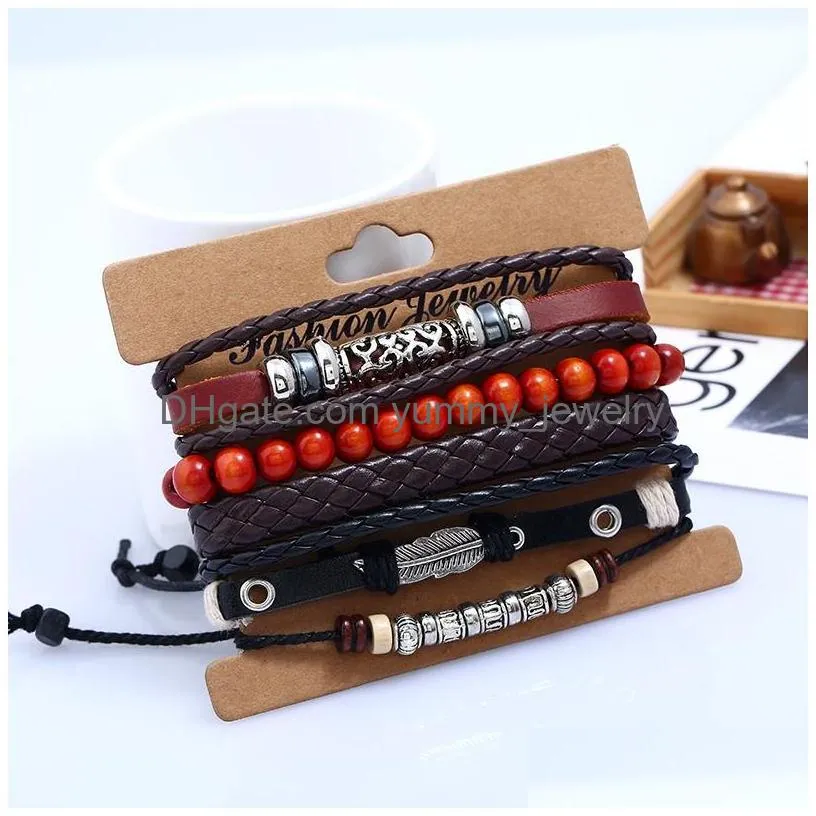 Charm Bracelets Vintage Punk Bracelets Fashion Alloy Genuine Leather Bangles Men Leaf Beads Strands For Jewelry Mtilayer Braided Wrap Dhr6O