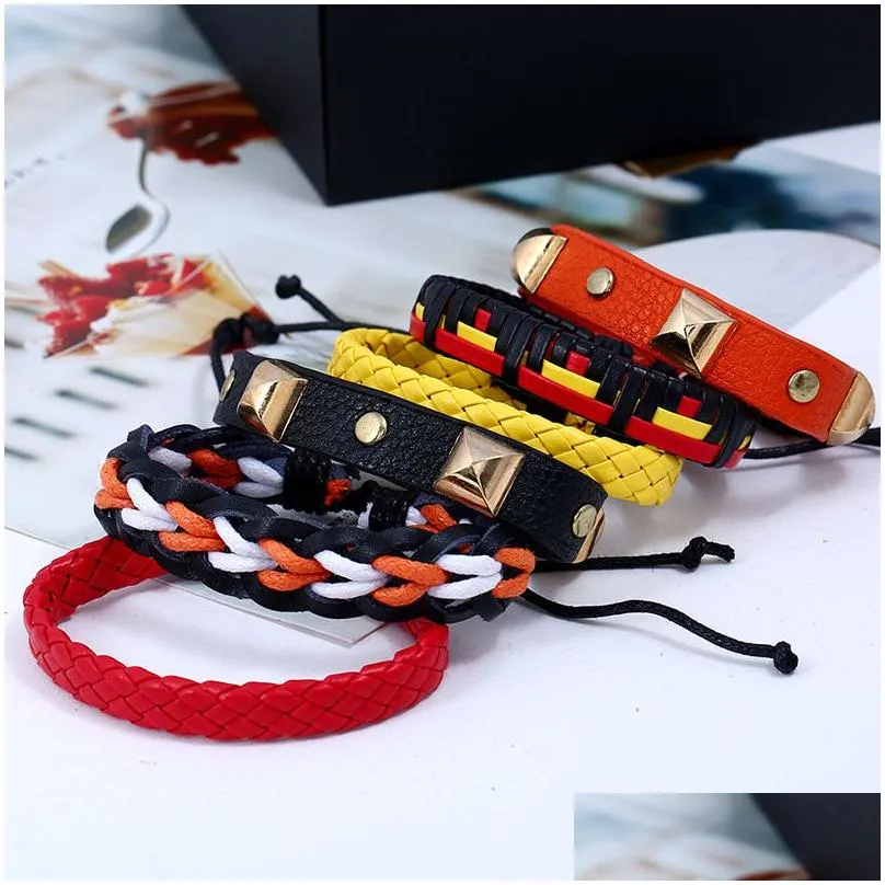 Charm Bracelets Genuine Leather Bracelets Set Snap Clasp Fashion Metal Adjustable Bead Charm Bangle Mtilayer Wrap Women Punk Jewelry Dhuma