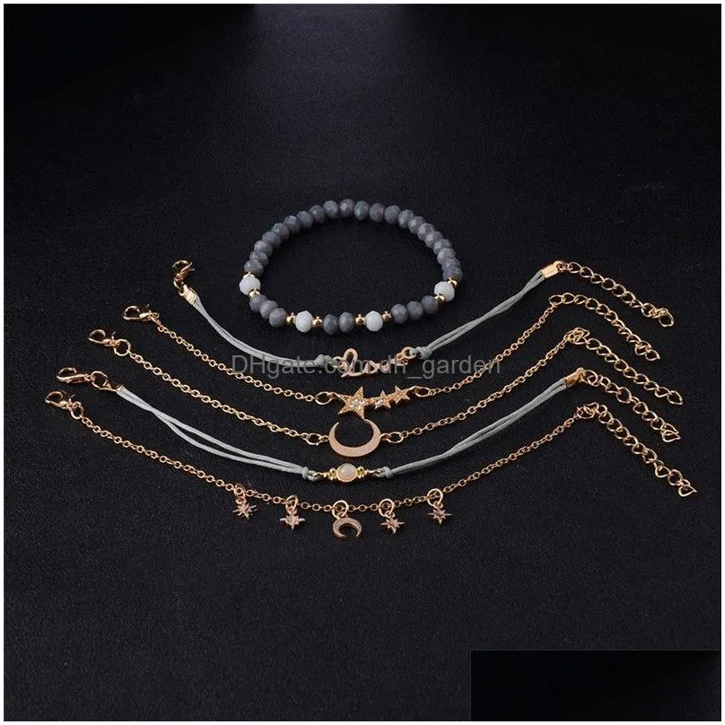 Bangle 6 Pcs/Set Gold Acrylic Bead Mtilayer Braided Rope Bracelet For Women Star Moon Love Crystal Pendant Classic Set Jewe Dhgarden Dhqrm