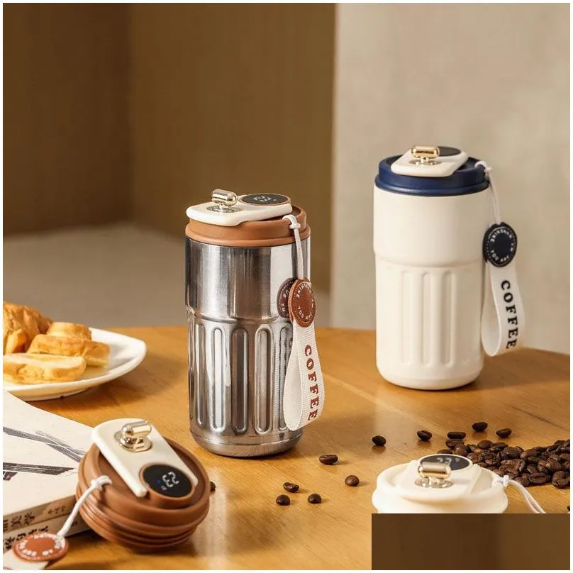 Coffee & Tea Sets Smart Water Bottle Digital Led Temperature Coffee Mug Stainless Steel Portable Cup Drop Delivery Home Garden Kitchen Dh64T