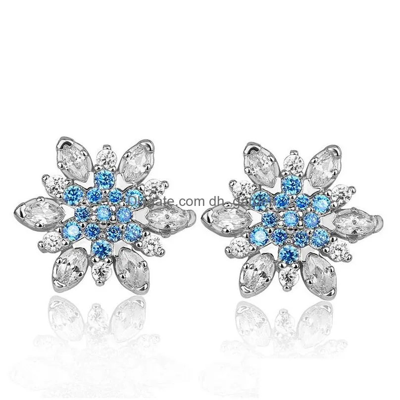 Stud Rose Gold Sier Color Romantic Snowflake Flower Blue Crystals Clear Cz Stud Earrings For Women Boho Wedding Jewelry Exq Dhgarden Dhtpj