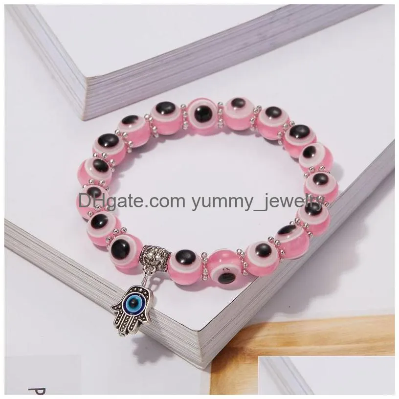 Beaded Classic Turkish Evil Eye Strands Bracelet Charms Fatima Hamsa Hand Lucky Blue Eyes Beaded Bracelets For Women Men Lovers Elast Dh6Py