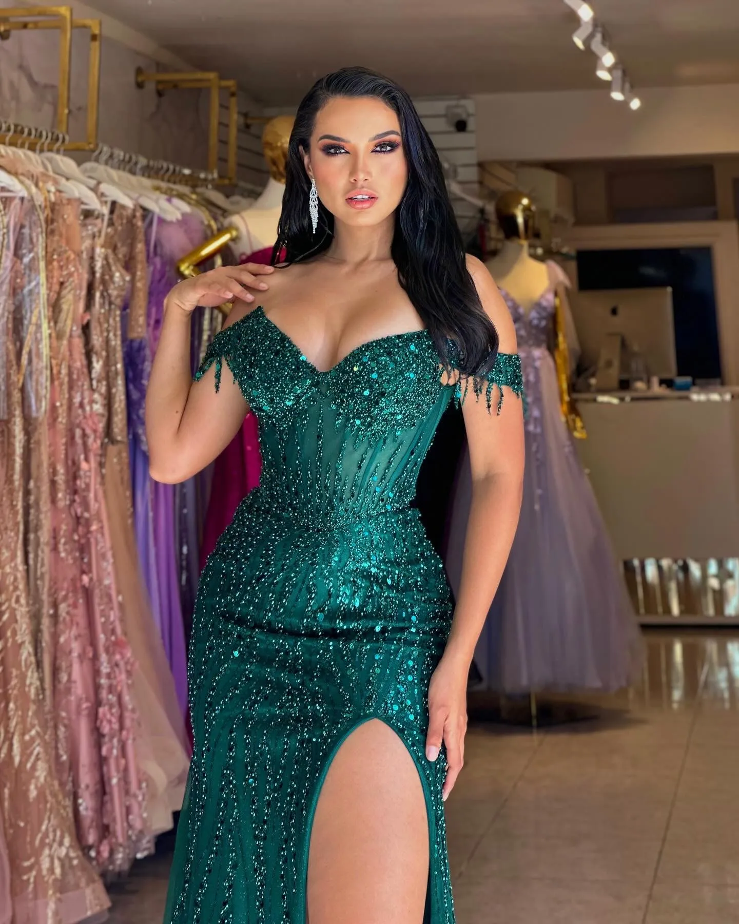 2024 Aso Ebi Dark Green Mermaid Prom Dress Beaded Sequined Evening Formal Party Second Reception 50th Birthday Engagement Gowns Dresses Robe De Soiree ZJ64