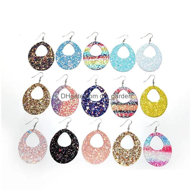Dangle & Chandelier Fashion Design Rainbow Leather Earring Sparkly Sequins Teardrop Printing Dangle For Bohemian Jewelry Drop Deliver Dhtpv